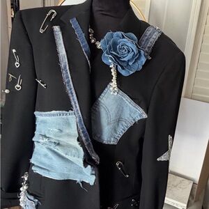 Black Blazer with Denim Patchwork & Blue Fabric Rose
